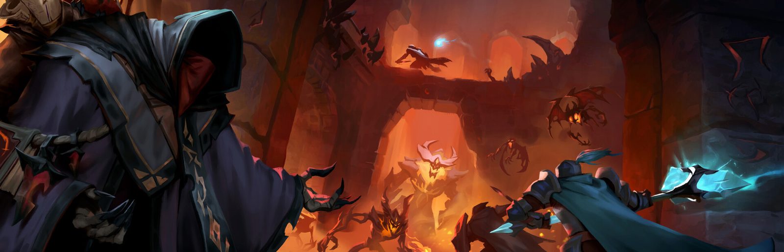 Albion Online key art: a hooded figure before a fiery gate