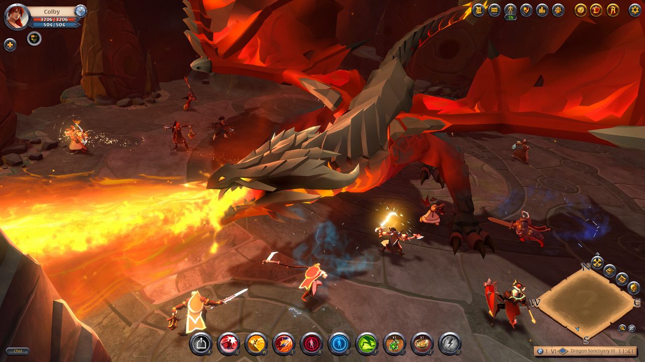 Albion Online: A dragon breathing fire at a group of players