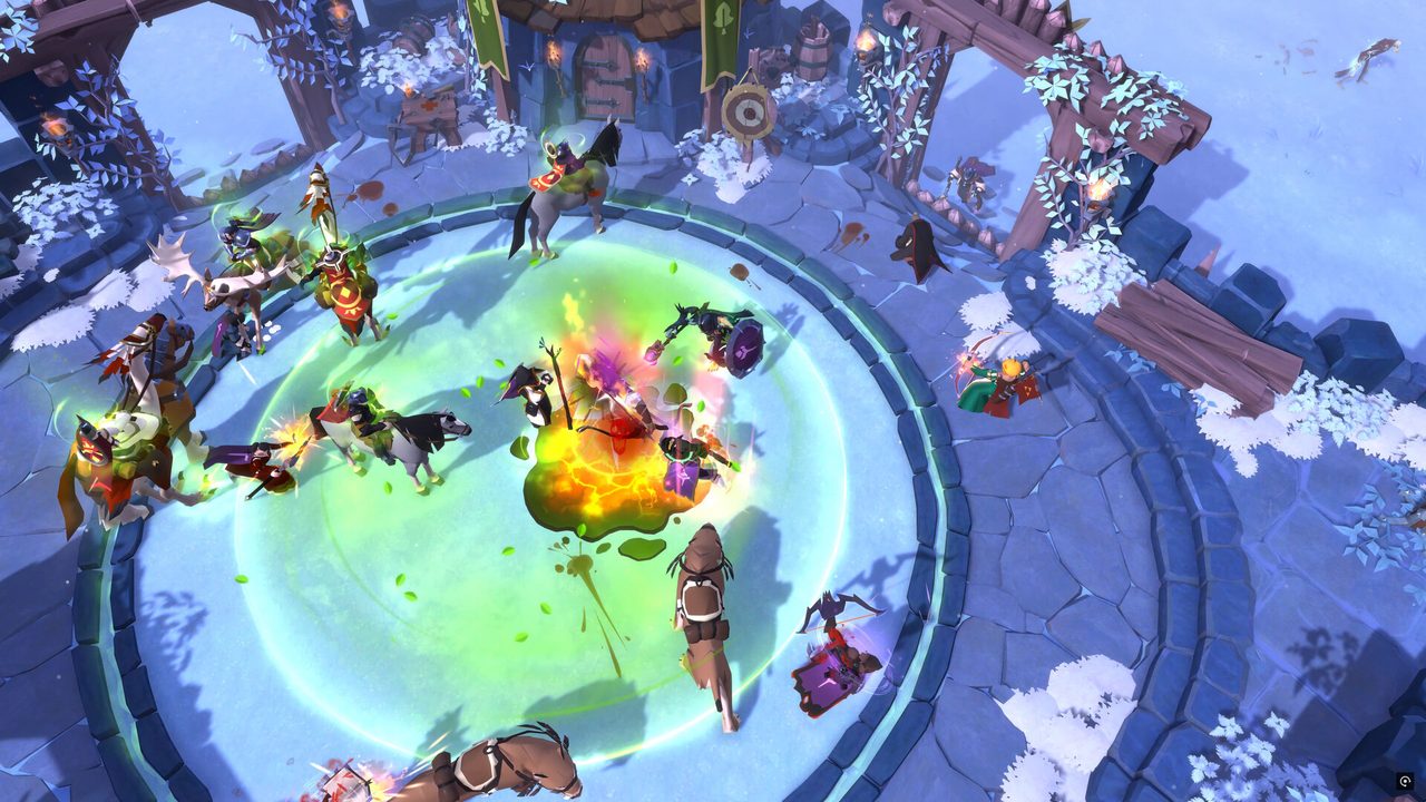 Albion Online: A large group battle in a blue arena