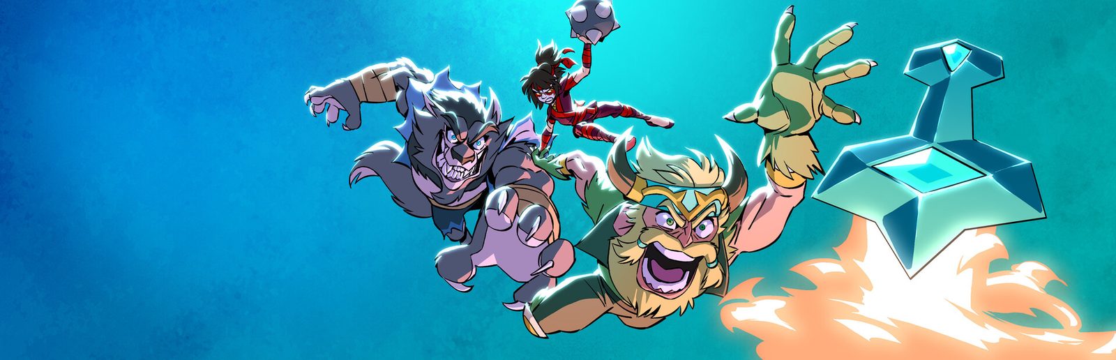 Brawlhalla key art: cartoon fighters leaping across a bright blue sky