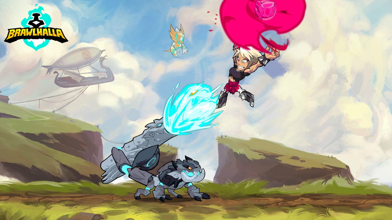 Brawlhalla: A fighter launching an energy attack on a grassy stage