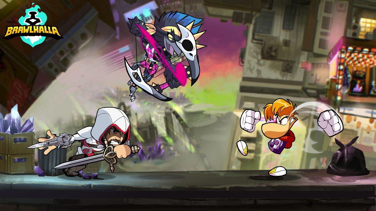Brawlhalla: Four fighters clashing on a city stage