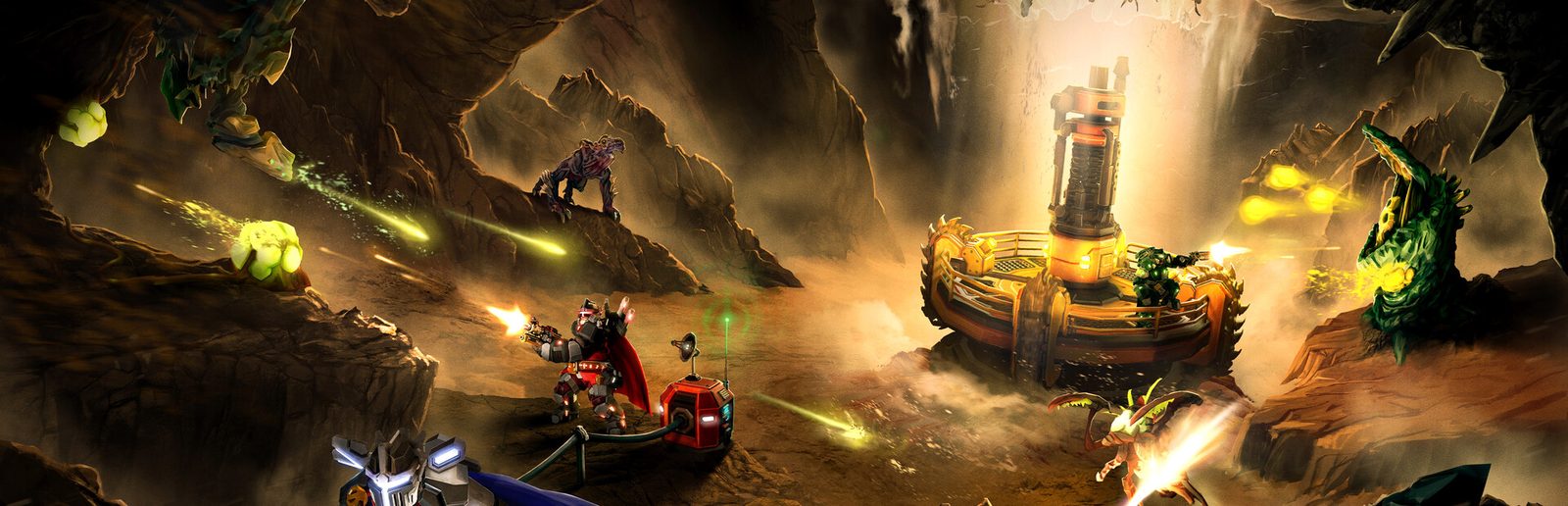 Deep Rock Galactic key art: dwarven miners defending a drilling platform inside a glowing cave