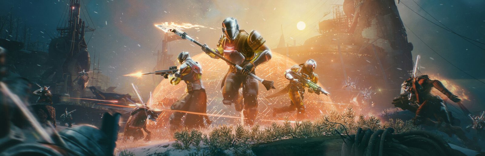 Destiny 2 key art: three armoured Guardians charging across a battlefield at sunset