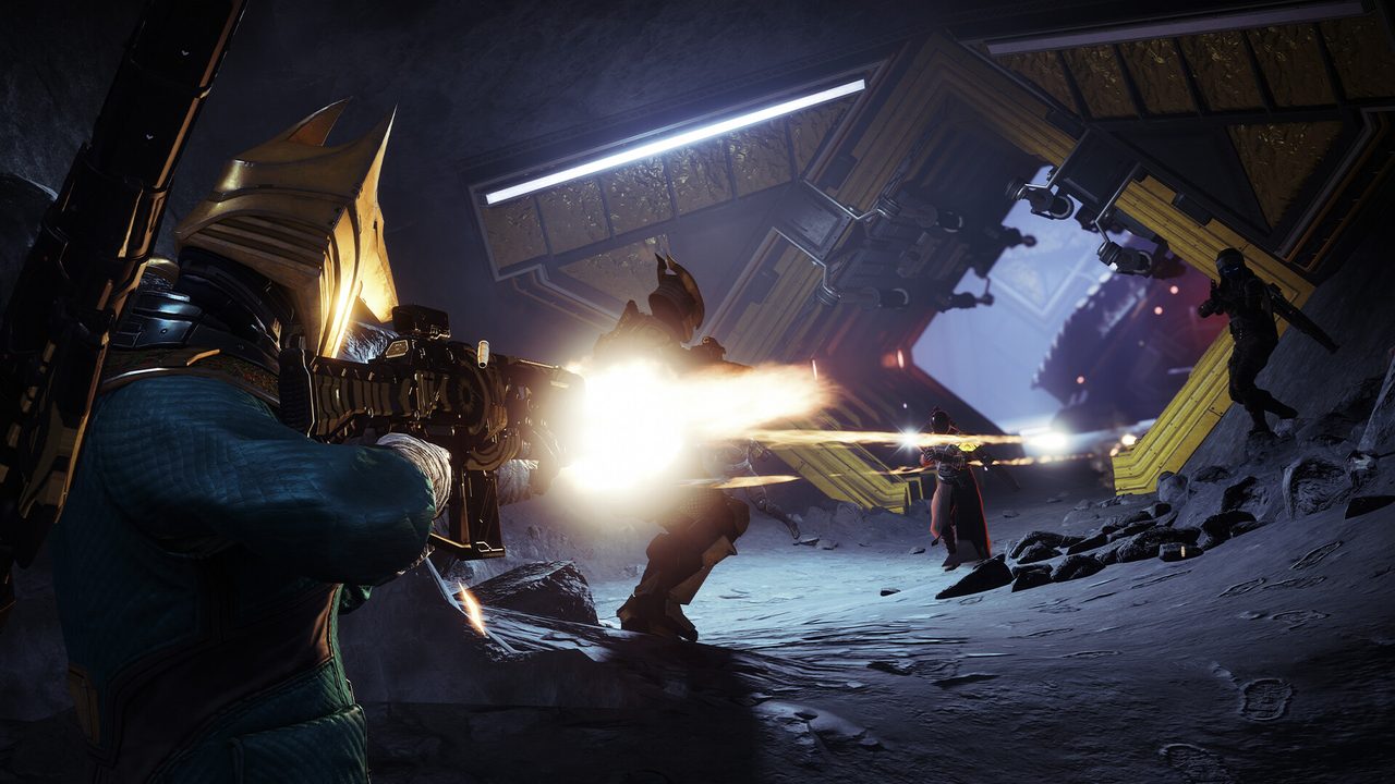 Destiny 2: A Guardian firing in a dark corridor