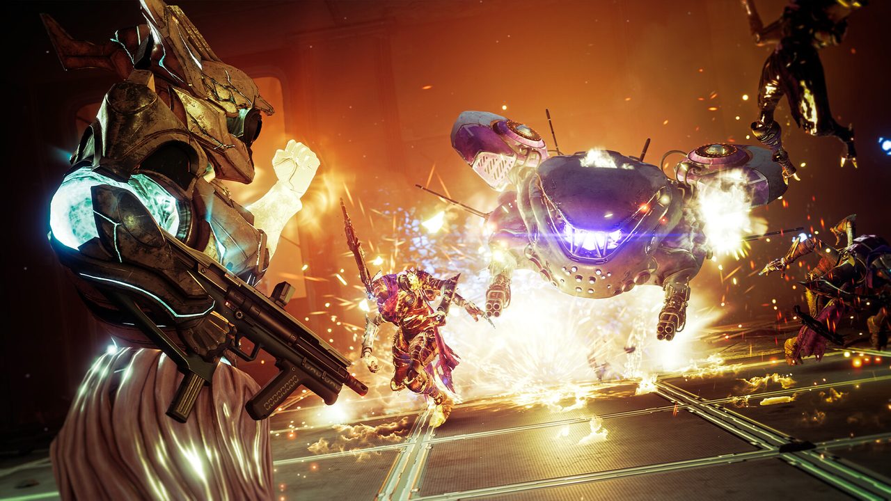 Destiny 2: Guardians battling a large enemy amid explosions