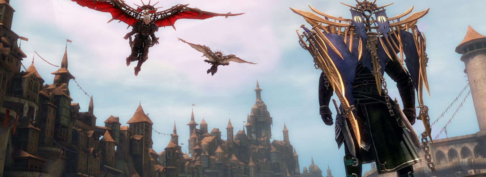 Guild Wars 2 screenshot: an armoured character overlooking a walled city as winged creatures fly past