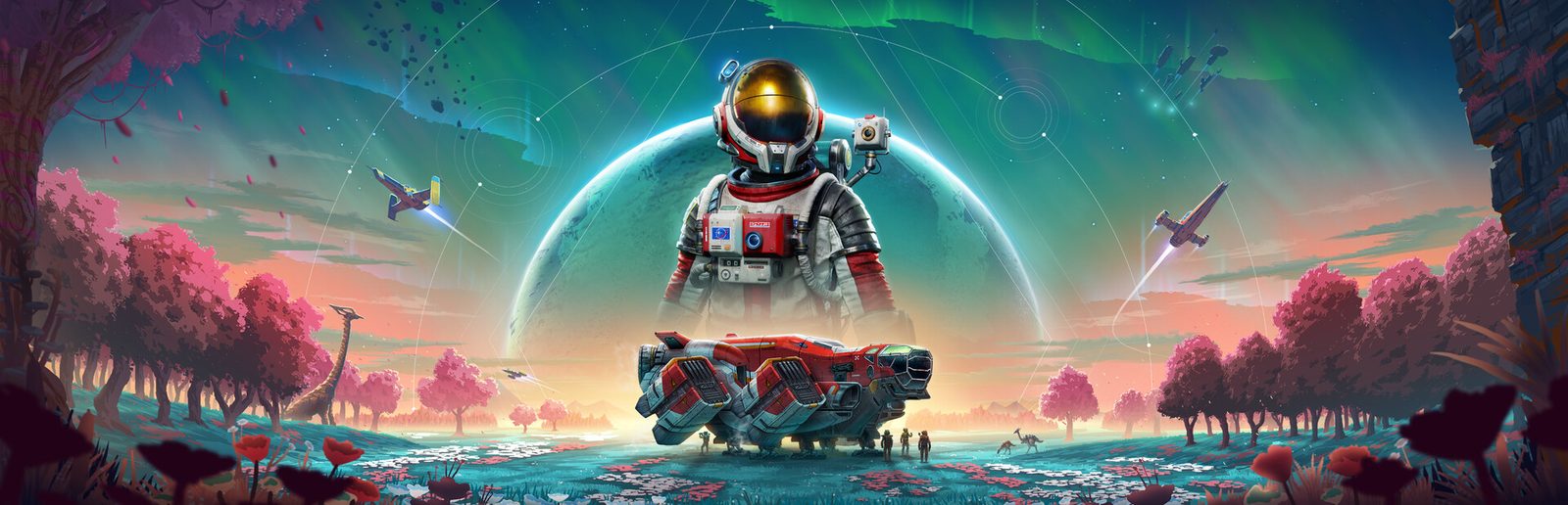 No Man’s Sky key art: an astronaut beside a rover on a pink-forested planet beneath a ringed world