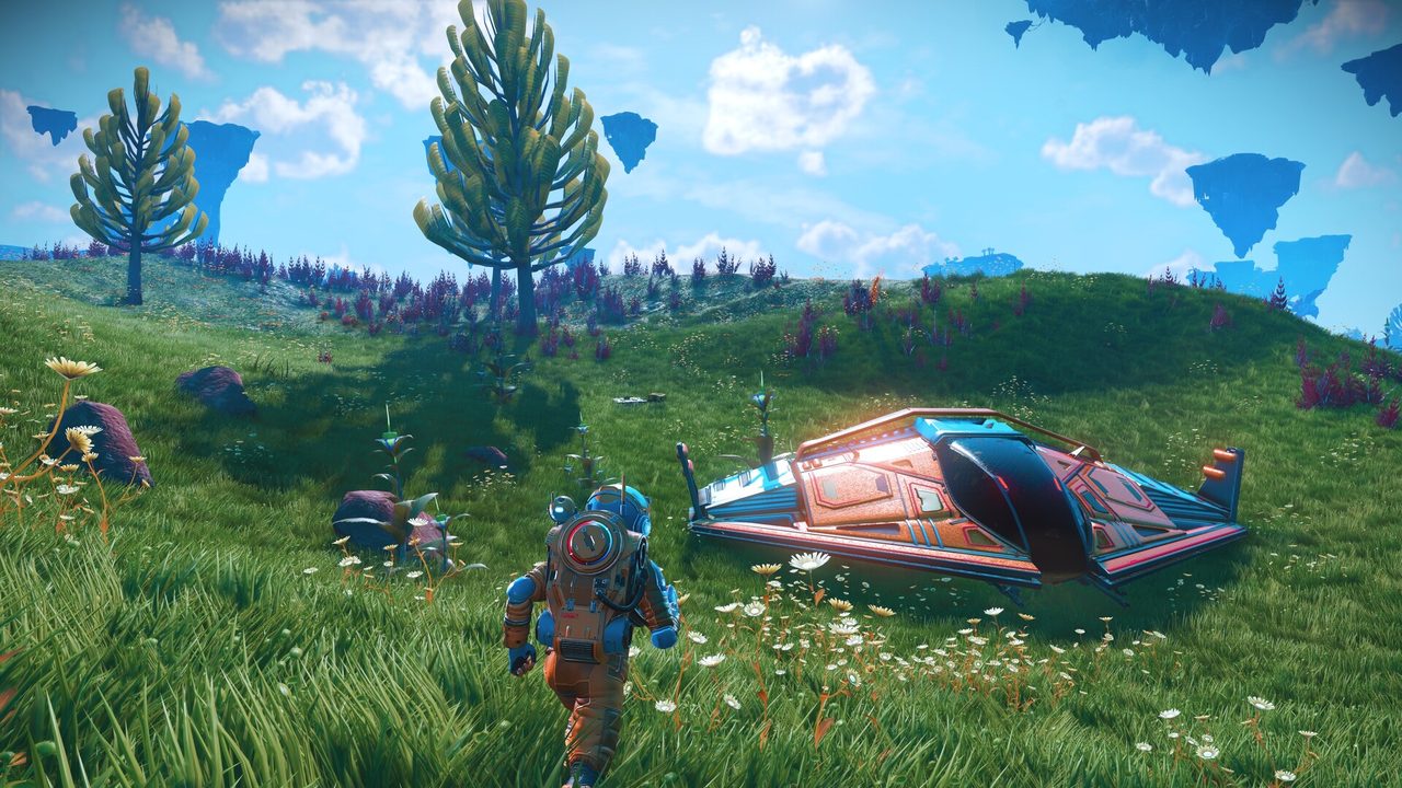 No Man’s Sky: A traveller and a small ship on a green planet