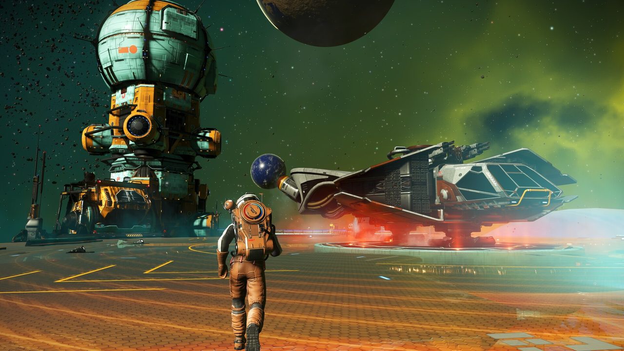 No Man’s Sky: An explorer walking toward a landed starship
