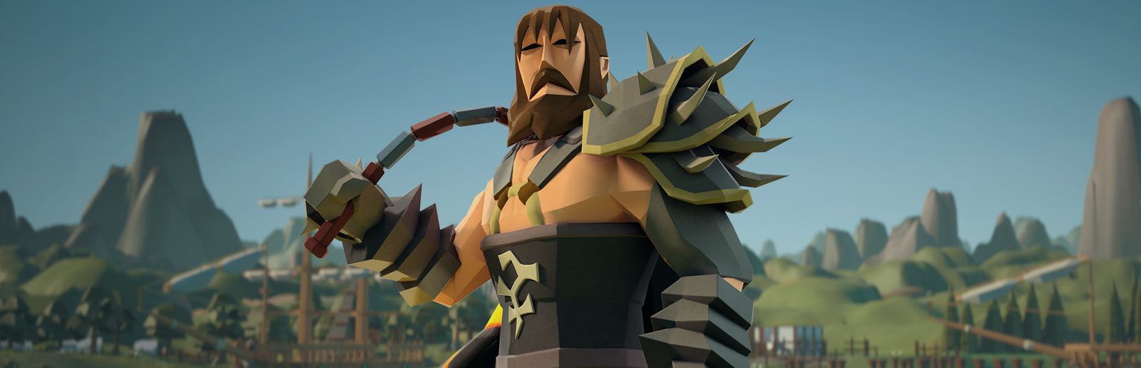 Old School RuneScape key art: a bearded warrior in spiked armour in front of green hills