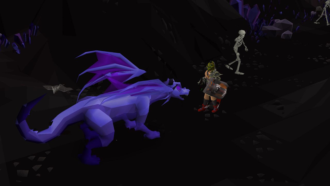 Old School RuneScape: A player facing a purple dragon