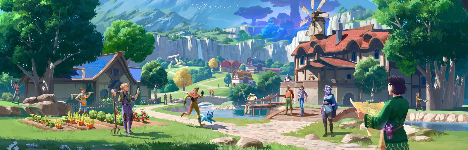 Palia key art: villagers and players in a sunny village with gardens and a windmill
