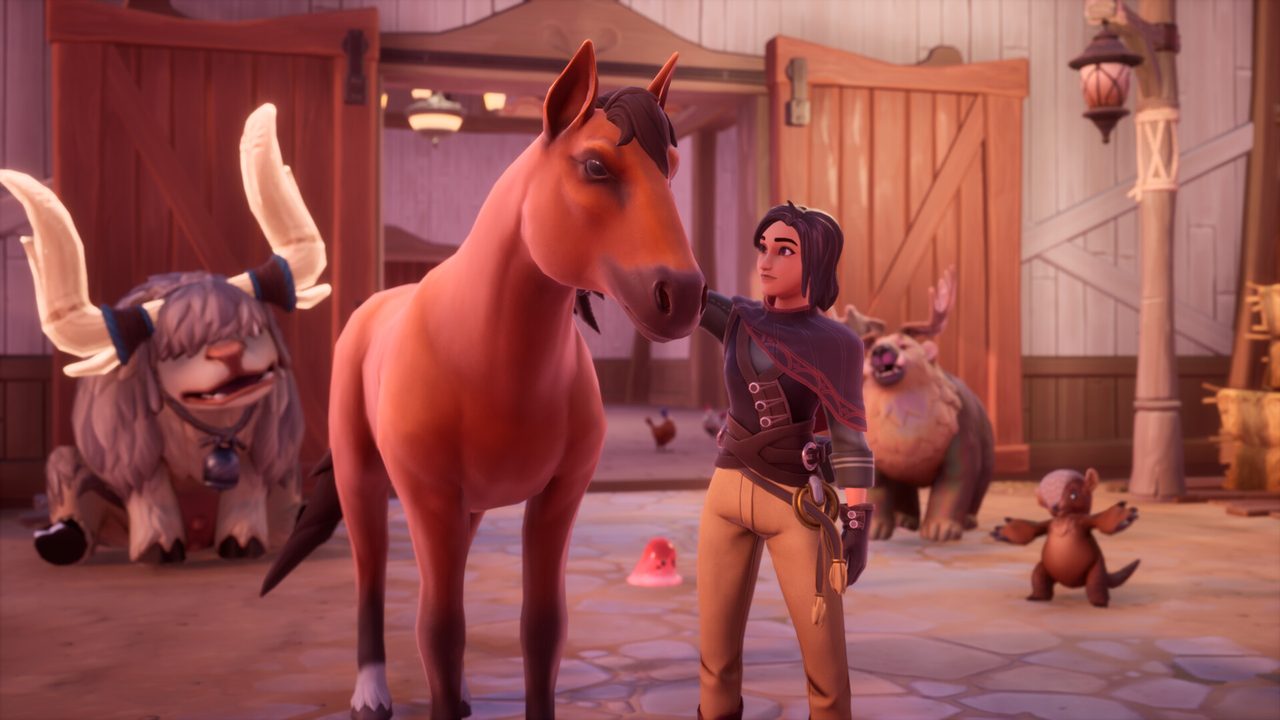 Palia: A player with a horse-like pet in a barn