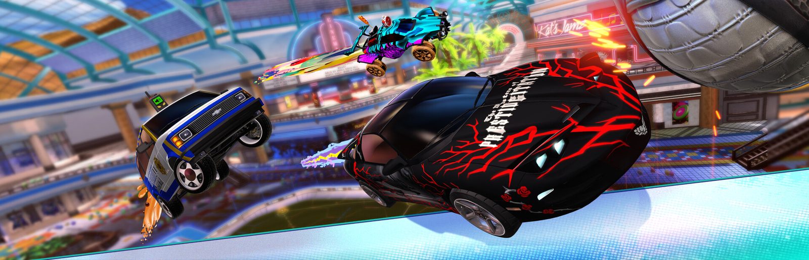 Rocket League key art: two rocket cars flying through a bright stadium