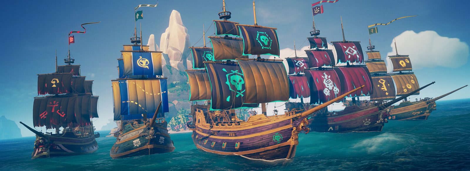 Sea of Thieves screenshot: a fleet of pirate ships sailing across bright blue water
