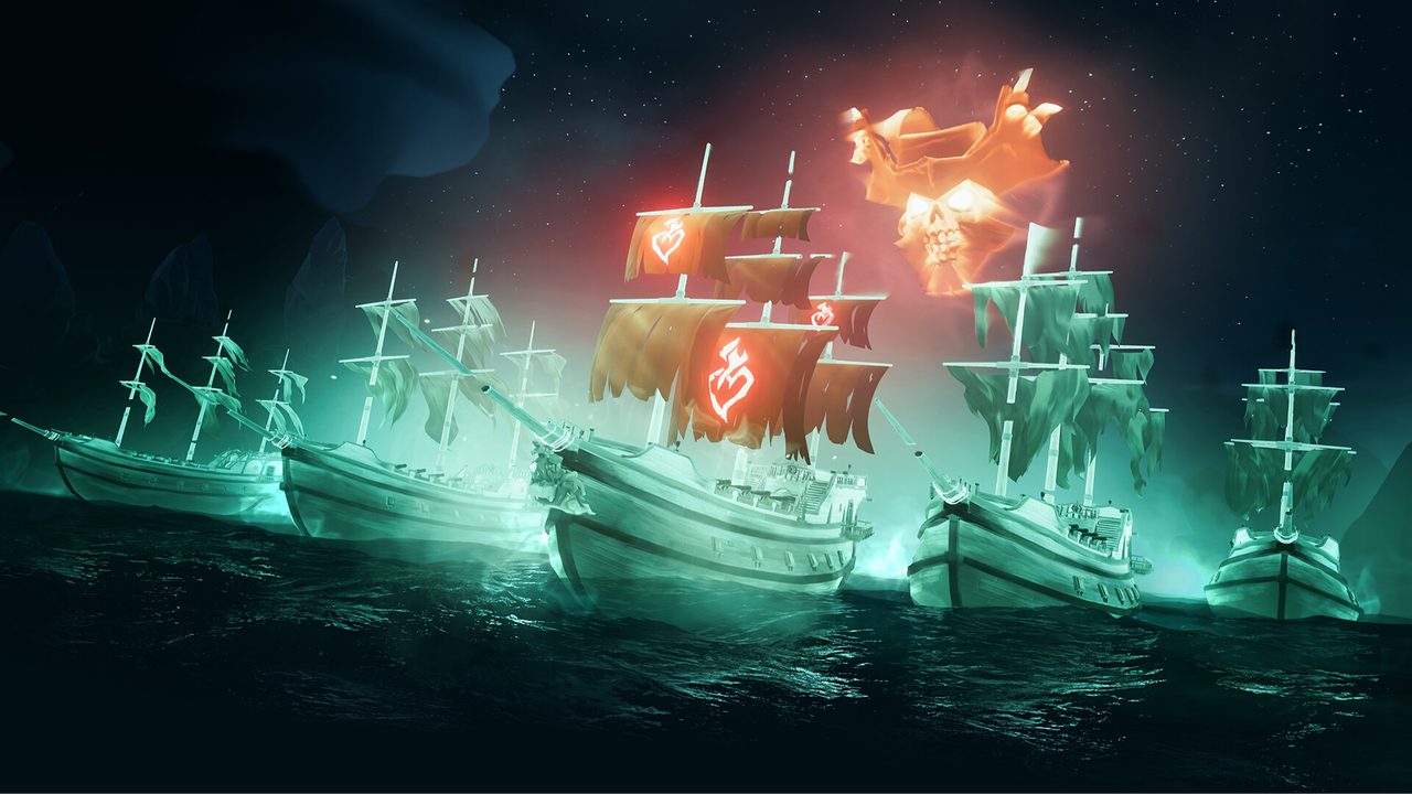 Sea of Thieves: Glowing ghost ships on a dark sea