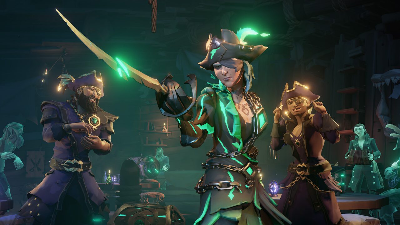 Sea of Thieves: Three pirates posing with cutlasses
