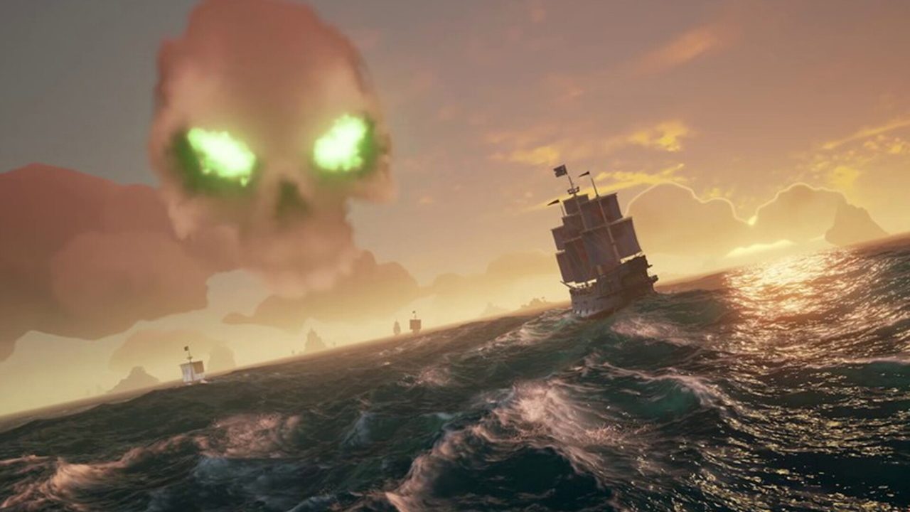 Sea of Thieves: A ship sailing toward a skull-shaped cloud