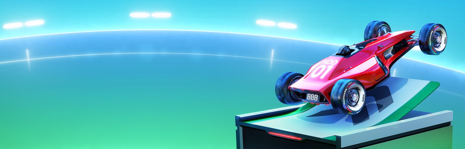 Trackmania key art: a red and white race car on a podium block under a blue sky